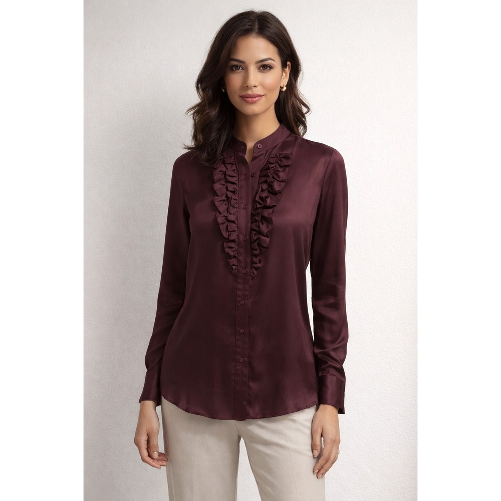 Ines de la Fressange x Uniqlo Silk Blouse Ruffles Top Burgundy XS Career